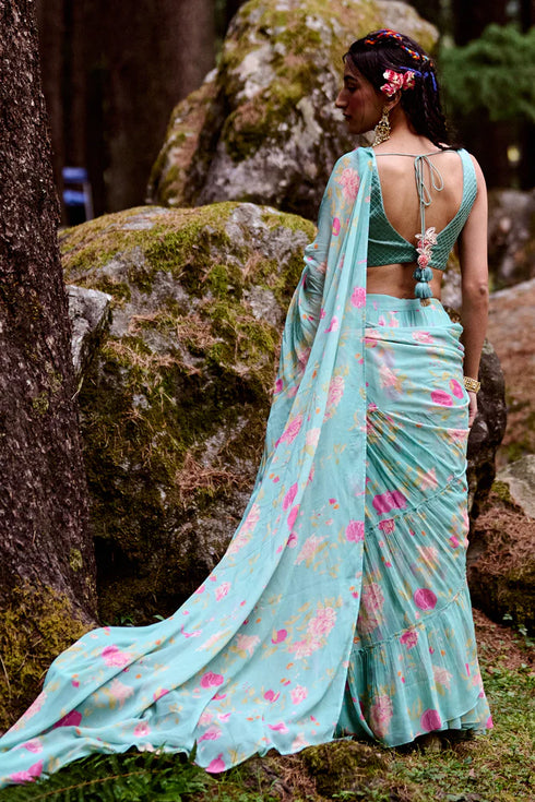 Light Blue Printed Saree Set