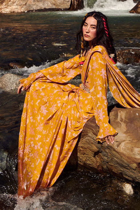 Yellow Jungle Print Pre-Draped Saree