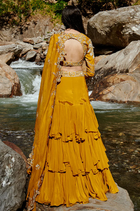 Ochre Yellow 3- Layered Lehenga Set