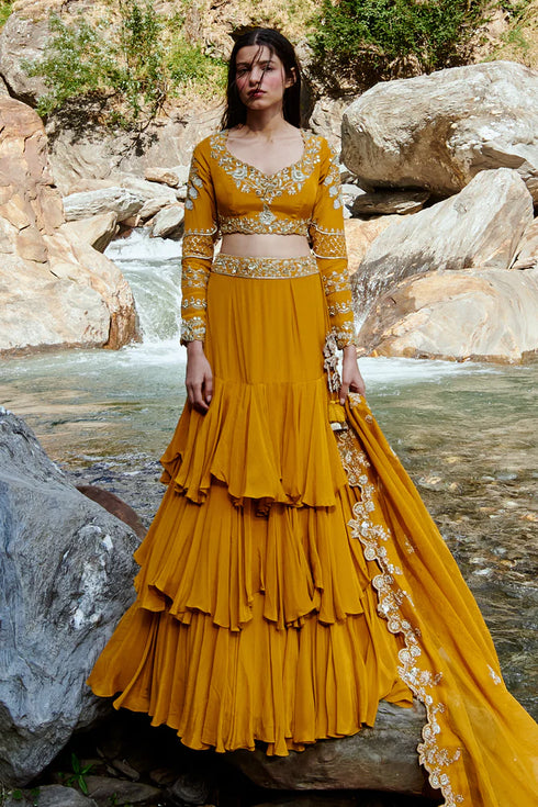 Ochre Yellow 3- Layered Lehenga Set