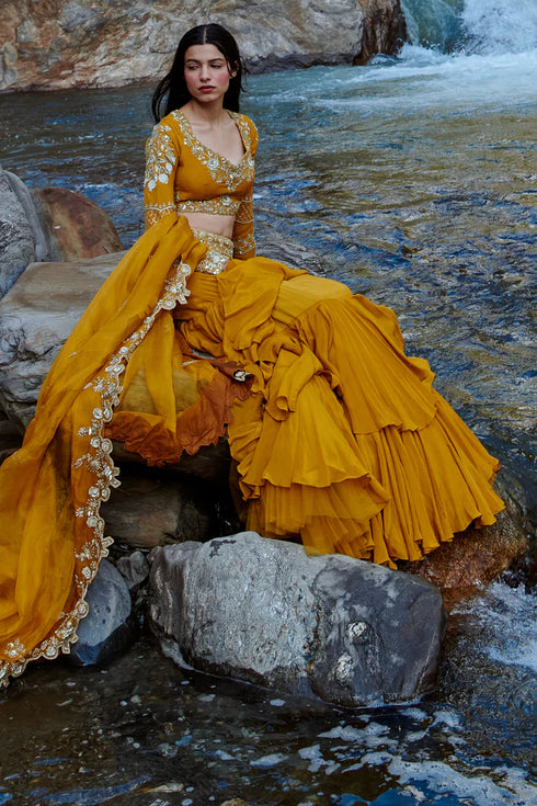 Ochre Yellow 3- Layered Lehenga Set