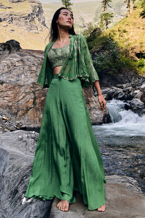 Fern Green Short Jacket With Geometric Print Blouse And Green Pants