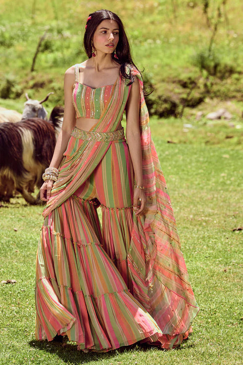 Multi Colored Stripes Sharara Saree