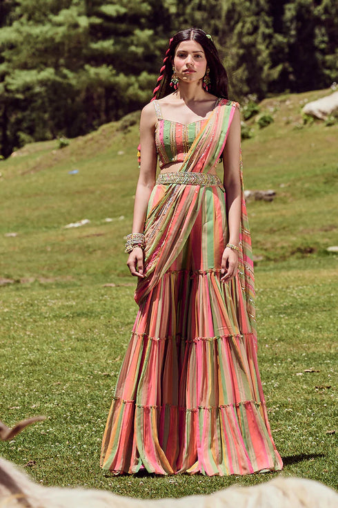 Multi Colored Stripes Sharara Saree