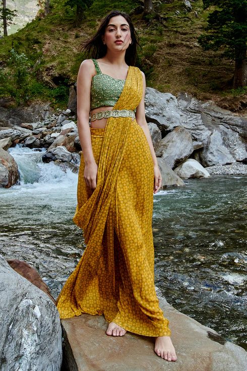 Flowy Ochre Yellow Pre-Draped Saree