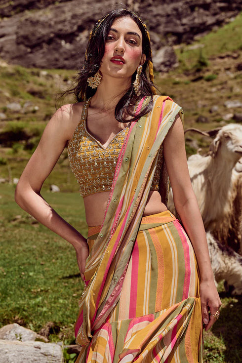 Multicoloured Stripes Per Draped Layered Saree