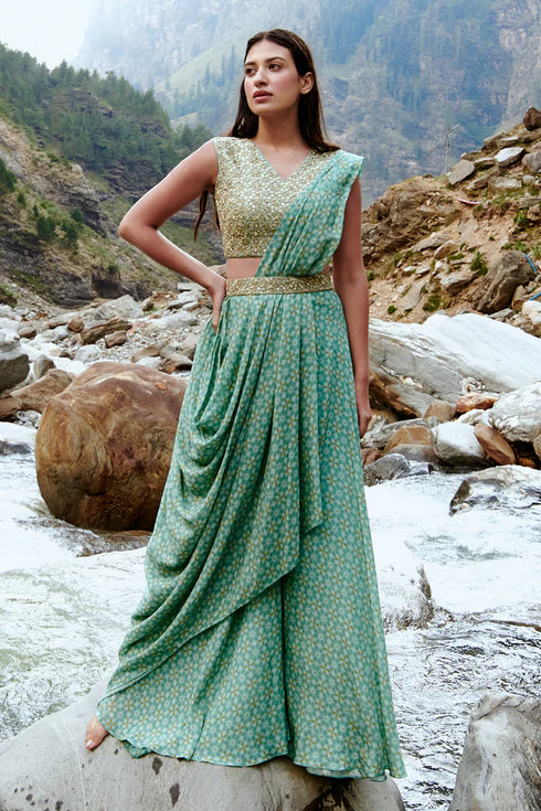 Geometric Print Pre-Draped Saree