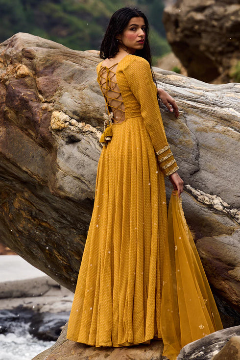 Ochre Yellow Geometric Print 28 Kali Anarkali