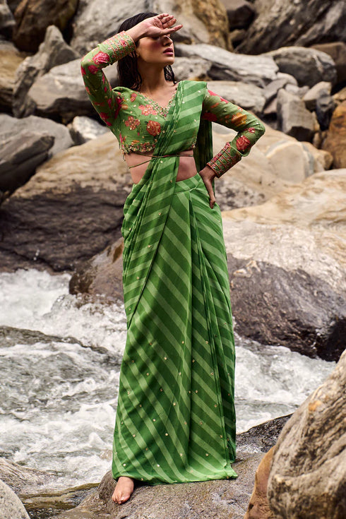 Fern Green Leheriya Print Pre-Draped Saree