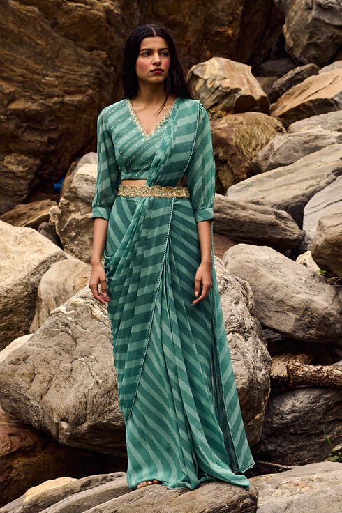 Teapot Blue Leheriya Pre-Draped Saree