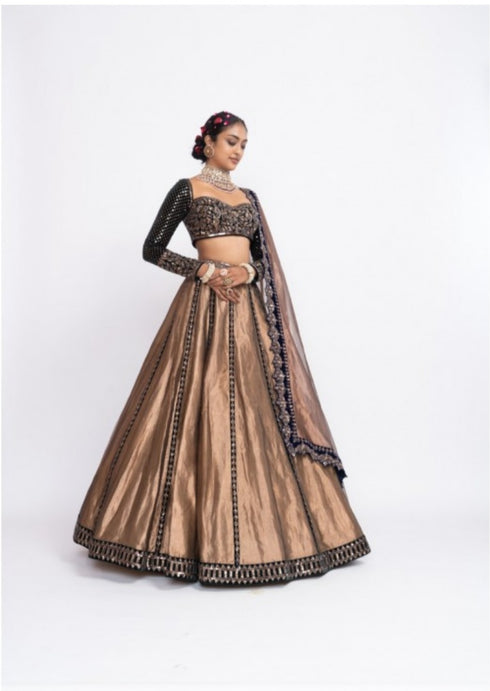 Deep green copper tissue lehenga set
