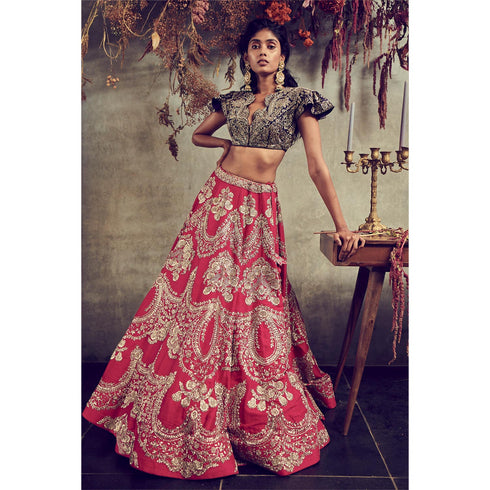 Red embroidered lehenga set
