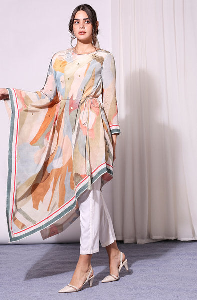 Conversational printed jumpsuit with waist tie-up