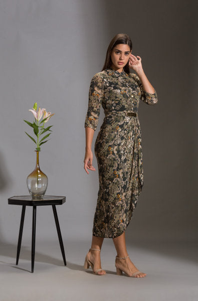 Night Shade Floral Sequin Drape Dress