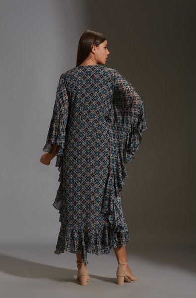 Arabesque Geometrical Drape Dress With Frill Top