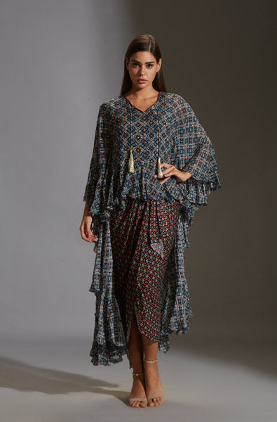 Arabesque Geometrical Drape Dress With Frill Top