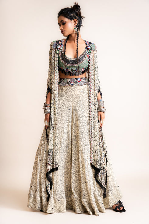 Kaftan Jacket With Circular Pants Set