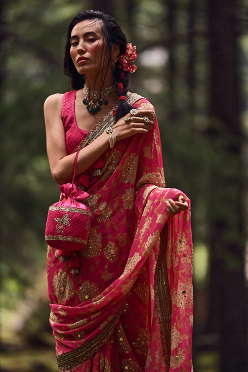 Rani Pink Big Rose Print Saree