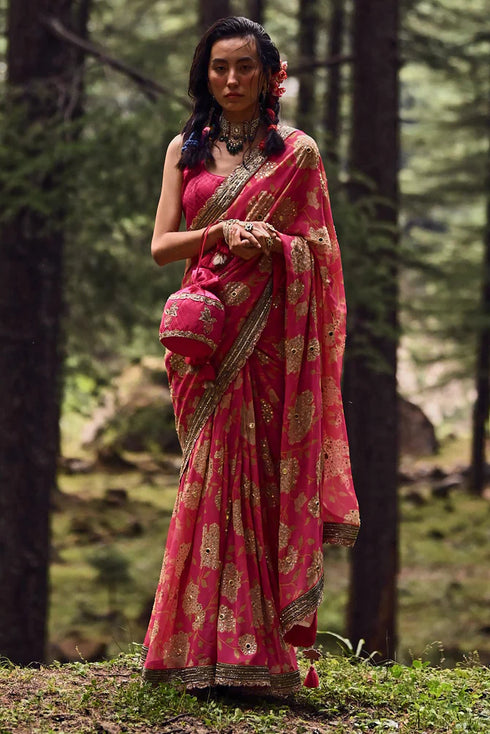 Rani Pink Big Rose Print Saree