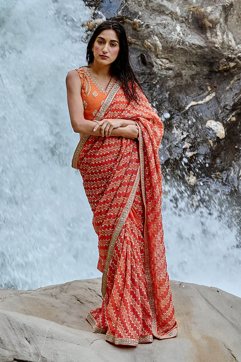 Orange Leheriya Print Saree