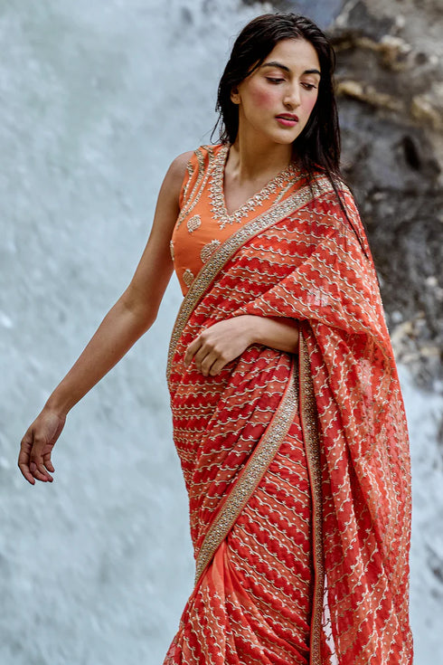 Orange Leheriya Print Saree