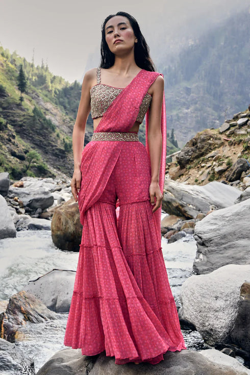 Pink Geometric Print Sharara Saree