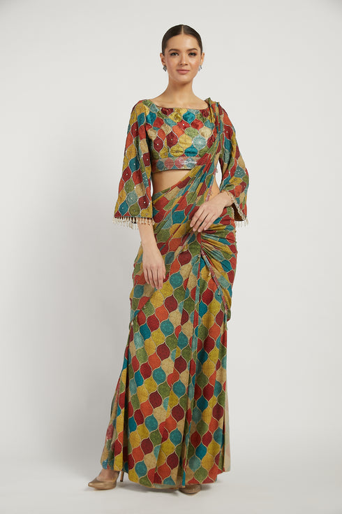 Navrattan Trellis Print Drepe Saree