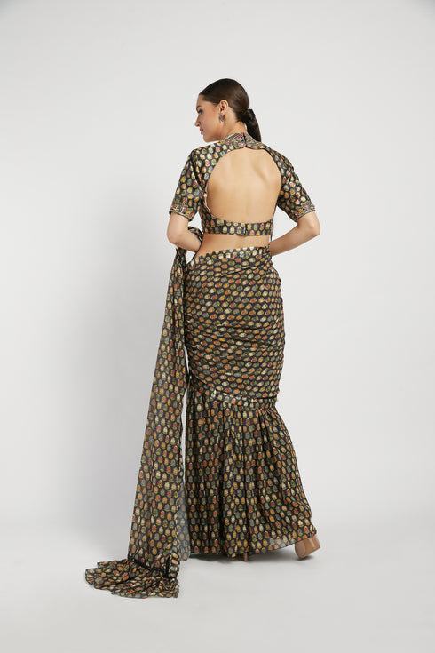 Black navrattan booti drepe sari set