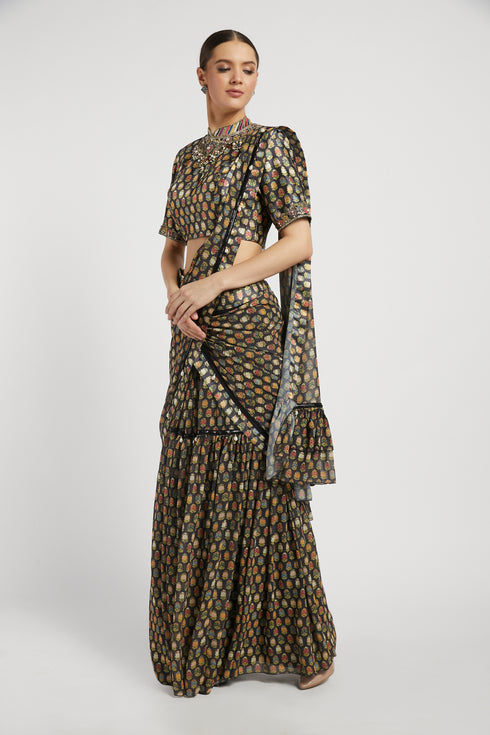 Black navrattan booti drepe sari set