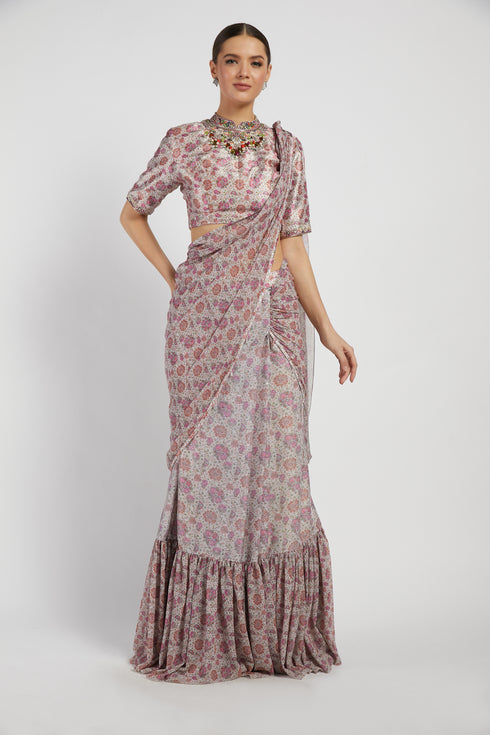 Pink print lehnga saree with shreded palla