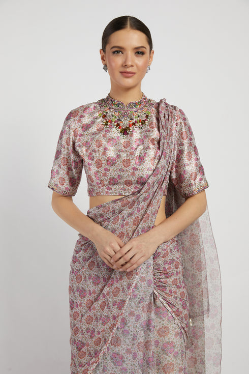 Pink print lehnga saree with shreded palla