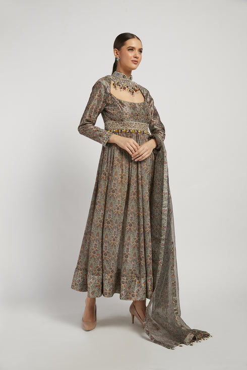 Olive Green Printed & Embroidered Dalia Anarkali Set
