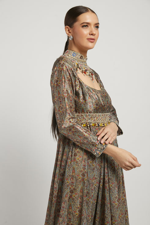 Olive Green Printed & Embroidered Dalia Anarkali Set