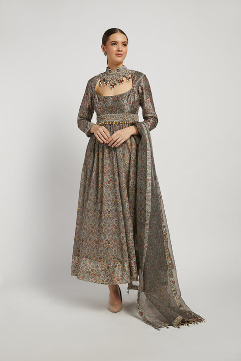 Olive Green Printed & Embroidered Dalia Anarkali Set