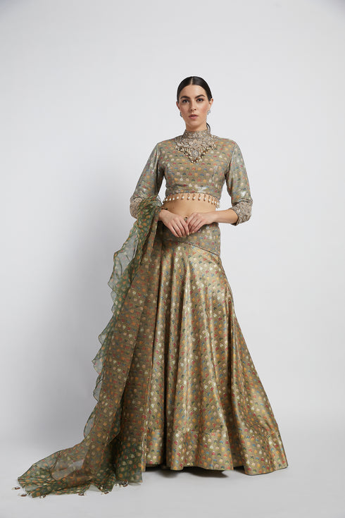 Gold Sheeting Rabia Lehenga Set With Butti Work