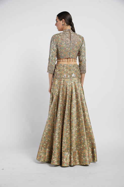 Gold Sheeting Rabia Lehenga Set With Butti Work