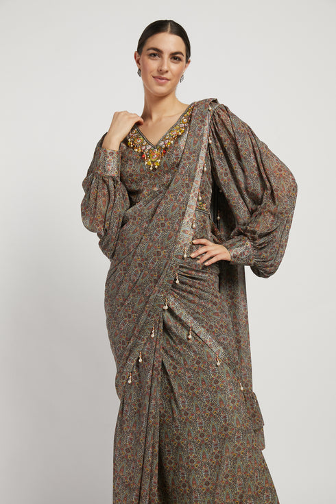 Olive Printed Sairaa Saree Set