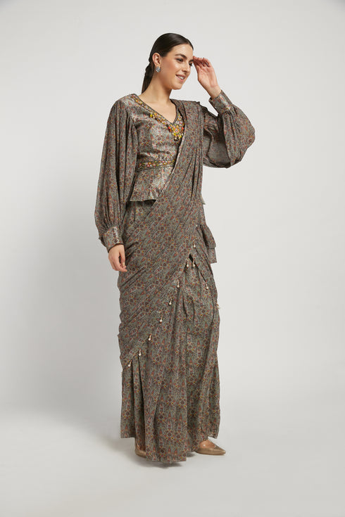 Olive Printed Sairaa Saree Set