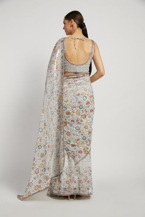 Ivory Georgette Printed Tamara Saree Set