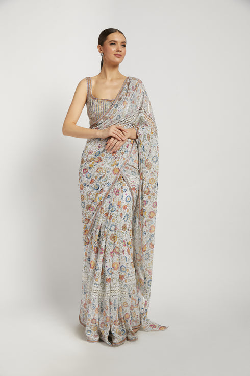 Ivory Georgette Printed Tamara Saree Set
