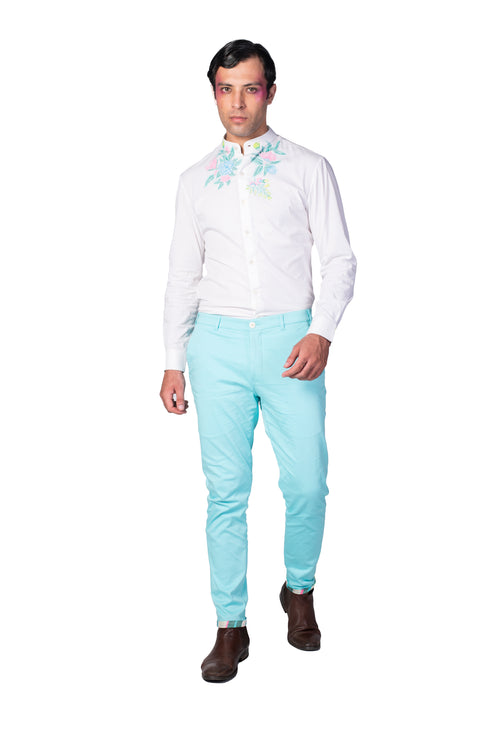 Handpainted Mandarin Collar White Shirt And Turquoise Pants With Multicolour Stripe Hem