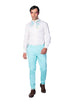 Handpainted Mandarin Collar White Shirt And Turquoise Pants With Multicolour Stripe Hem