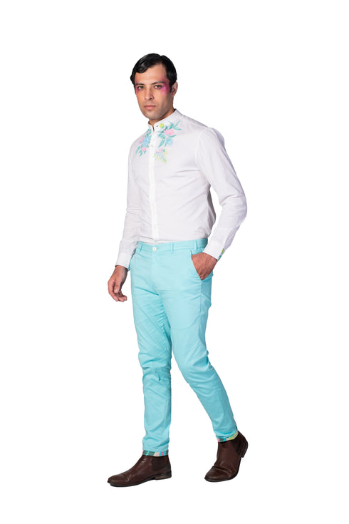 Handpainted Mandarin Collar White Shirt And Turquoise Pants With Multicolour Stripe Hem