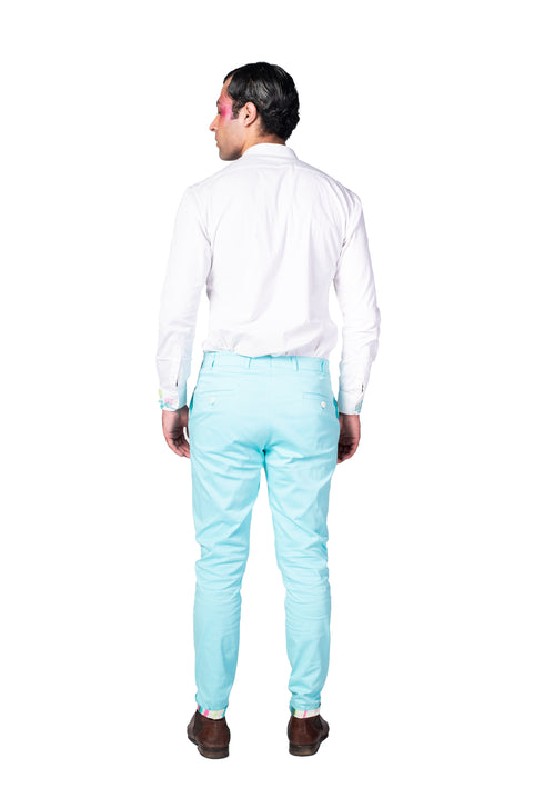 Handpainted Mandarin Collar White Shirt And Turquoise Pants With Multicolour Stripe Hem