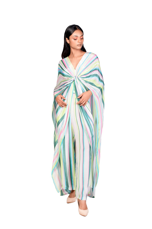Multicolour Stripe Knotted Dress With Pants