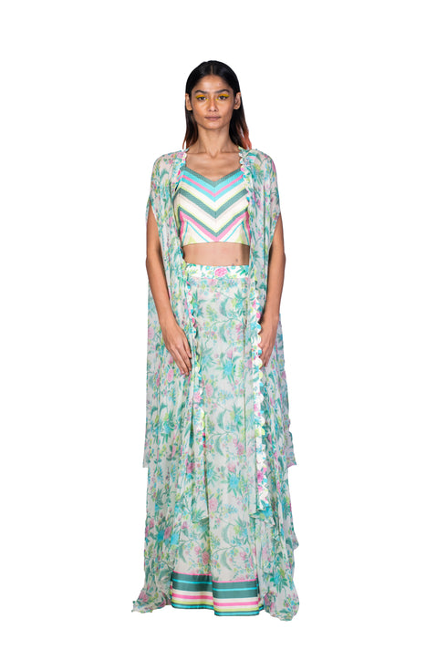 Multicolour Wallpaper Throw & Skirt With Stripe Bustier