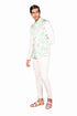MULTICOLOUR WALLPAPER DIGITISED HANDPAINTED OFFWHITE WAISTCOAT, FAGGOTTING DETAIL WHITE SHIRT AND OFFWHITE PANTS + MULTICOLOUR STRIPE SHOES