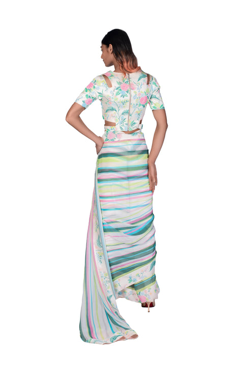Multicolour wallpaper printed blouse and stripe Saree