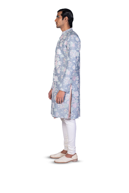 Grey Damask Multicolour Threadwork EMB Sherwani