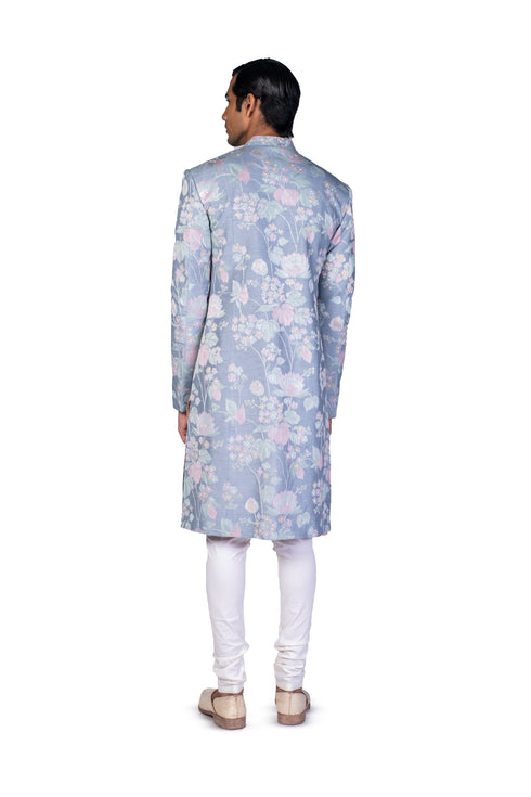 Grey Damask Multicolour Threadwork EMB Sherwani